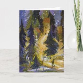 Tarjeta nocturna de la aldea de invierno del esqui