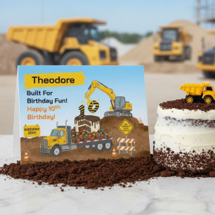 Tarjeta Nombre Cumpleaños 10 Construcción Sitio Camión Pla