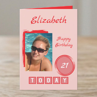 Tarjeta nombre de 1 foto rojo rosa cumpleaños 21