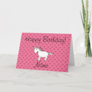 Tarjeta Nombre de cumpleaños unicornio corazones rosados