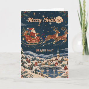 Tarjeta Nombre de familia de Papá Noel en trineo navideño