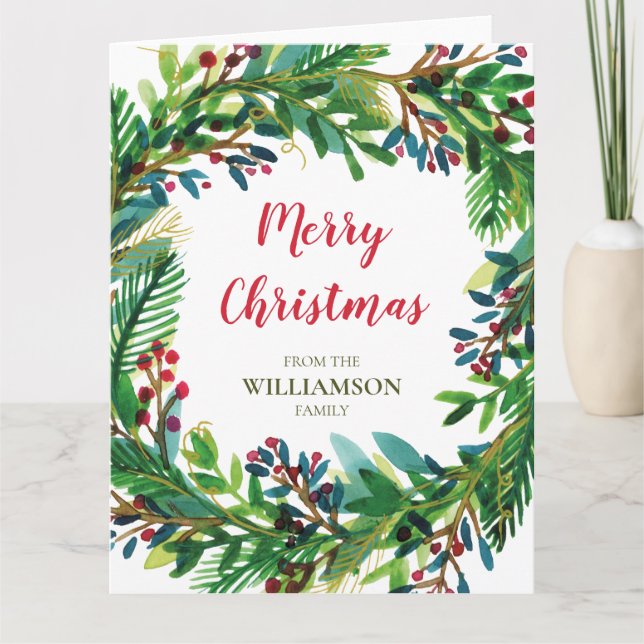 Tarjeta Nombre de familia de vacaciones de Wreath Watecolo (Anverso)