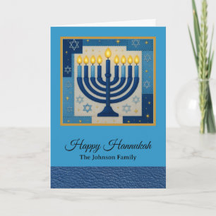 Tarjeta Nombre de familia feliz de Hanukkah moderno