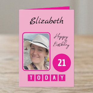 Tarjeta nombre de foto de cumpleaños número 21 hoy rosa