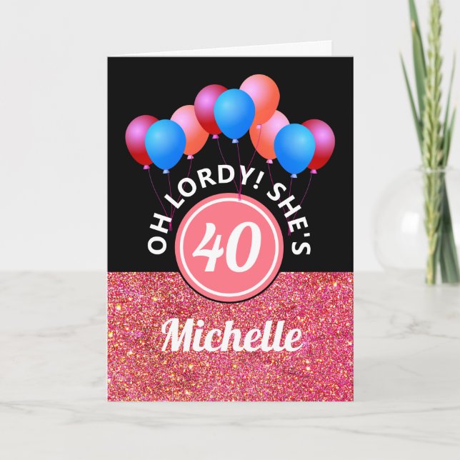 Tarjeta Nombre de globos de Purpurina rosado 40 cumpleaños (Anverso)