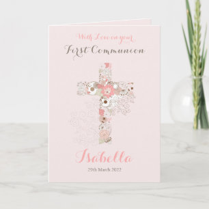 Tarjeta Nombre de la cruz floral rosa de la primera comuni