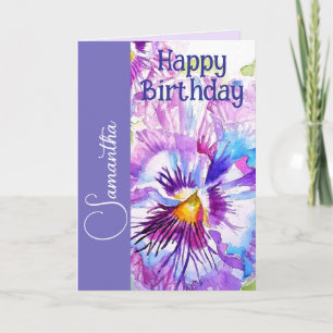 Tarjeta Nombre de las niñas de pensamiento morado acuarela