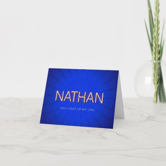 Tarjeta Nombre de Nathan en luces de neón brillantes (Anverso)