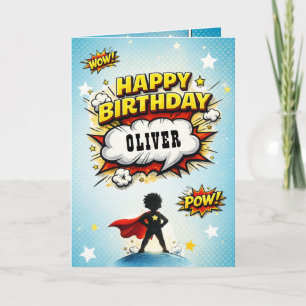 Tarjeta Nombre de niño superhéroe estilo cómic Cumpleaños