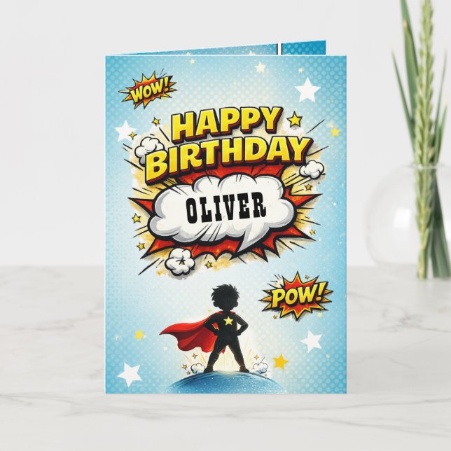 Tarjeta Nombre de niño superhéroe estilo cómic Cumpleaños (Anverso)