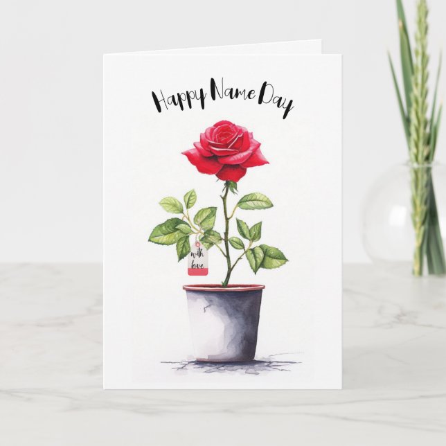 Tarjeta Nombre Día Acuarela Rosa Roja (Anverso)