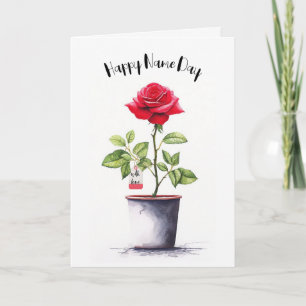 Tarjeta Nombre Día Acuarela Rosa Roja