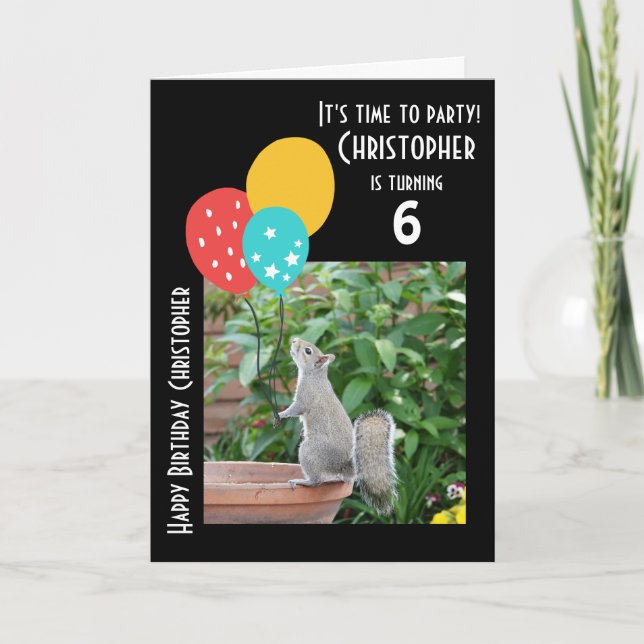 Tarjeta Nombre/edad personalizado, ardilla con globos (Anverso)