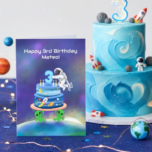 Tarjeta Nombre Feliz Cumpleaños 3 Astronauta con Alienígen