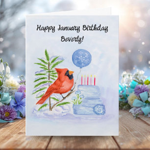 Tarjeta Nombre Feliz Cumpleaños Enero Cardenal con Tarta
