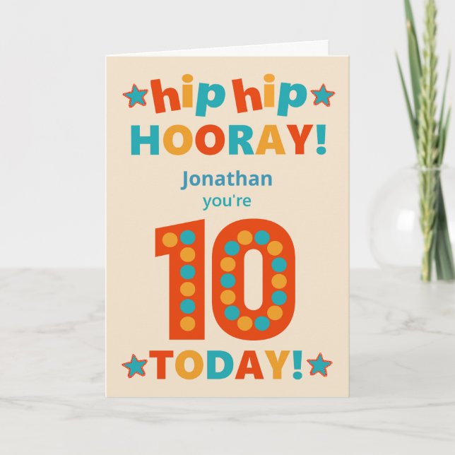 Tarjeta Nombre personalizado 10 cumpleaños Hip Hooray (Anverso)