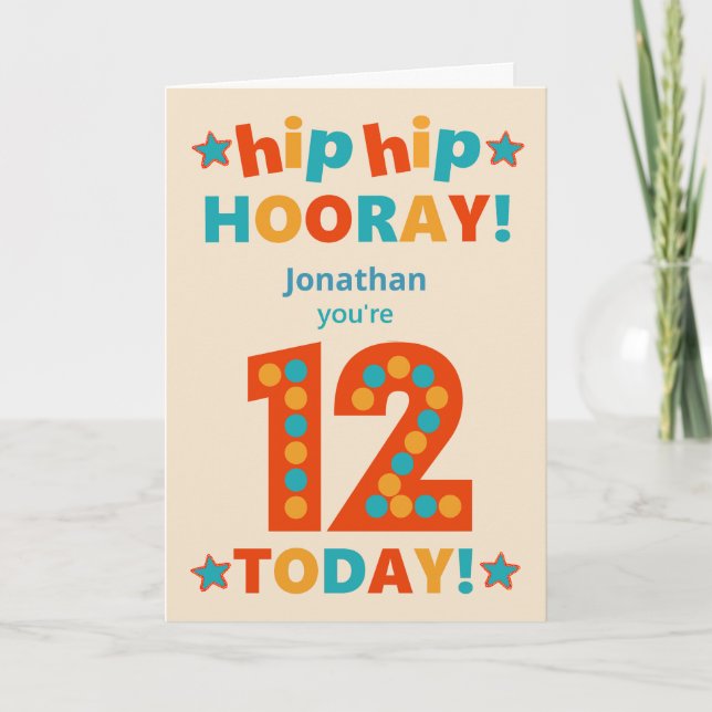 Tarjeta Nombre personalizado 12º cumpleaños Hip Hooray (Anverso)
