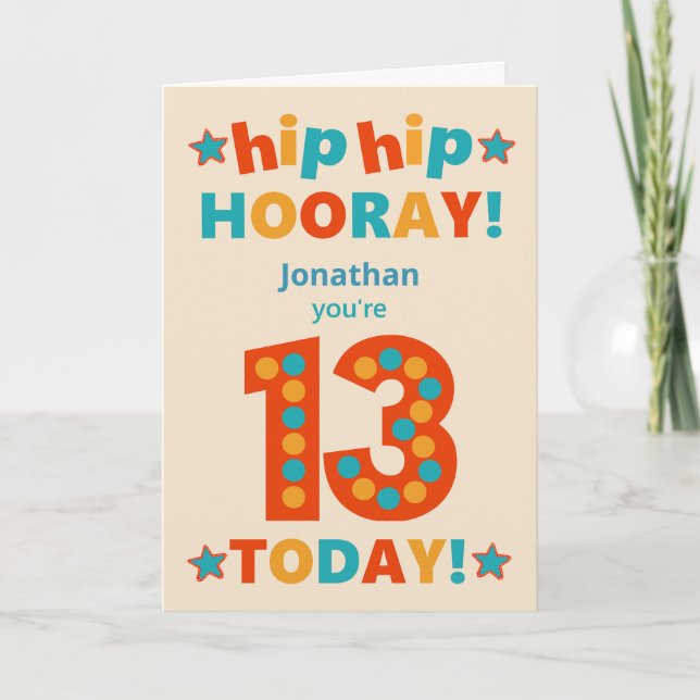 Tarjeta Nombre personalizado 13º cumpleaños Hip Hooray (Anverso)