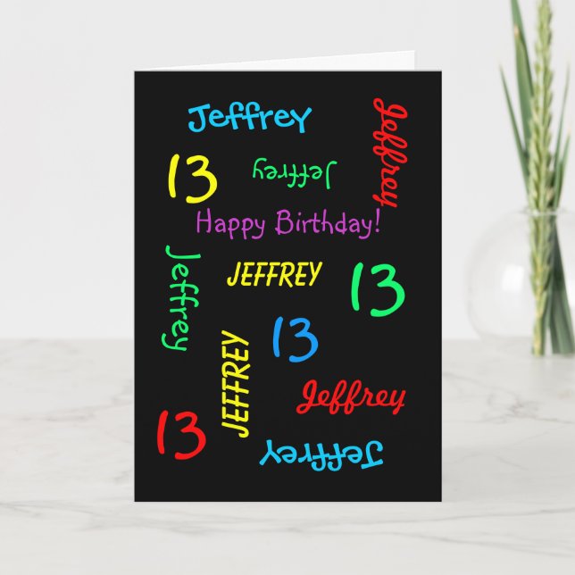 Tarjeta Nombre personalizado, 13º cumpleaños saludo negro (Anverso)