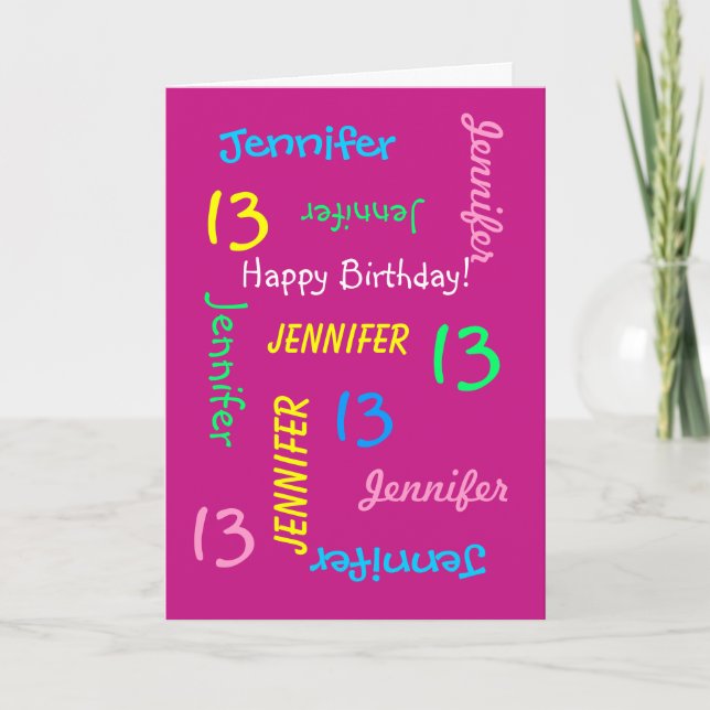 Tarjeta Nombre personalizado, 13 cumpleaños, saludo rosado (Anverso)