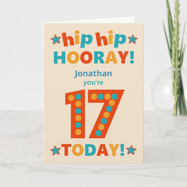 Tarjeta Nombre personalizado 17 cumpleaños Hip Hooray (Anverso)