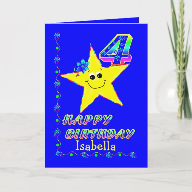Tarjeta Nombre personalizado 4 estrellas de cumpleaños (Anverso)