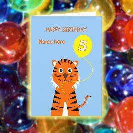 Tarjeta Nombre personalizado 5 cumpleaños tigre azul pálid