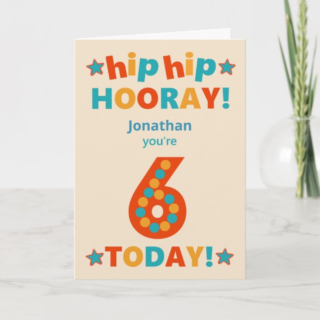 Tarjeta Nombre personalizado 6 cumpleaños Hip Hooray (Anverso)