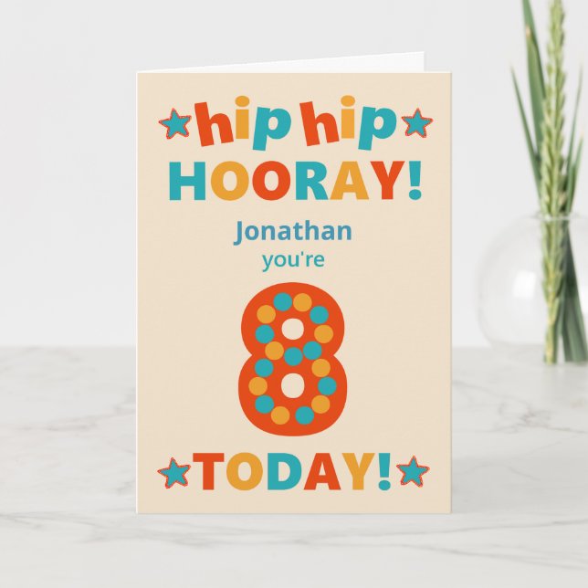 Tarjeta Nombre personalizado 8 cumpleaños Hip Hooray (Anverso)
