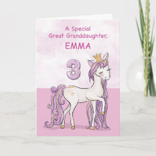 Tarjeta Nombre personalizado Bisnieta Cumpleaños 3 Rosa