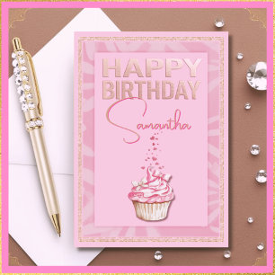 Tarjeta Nombre personalizado Bonito pastel rosa Feliz cump