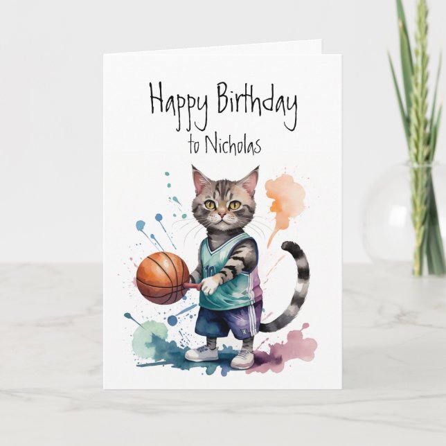 Tarjeta Nombre personalizado Cumpleaños Gato Jugando Balon (Anverso)