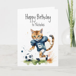 Tarjeta Nombre personalizado Cumpleaños Gato Jugando Fútbo