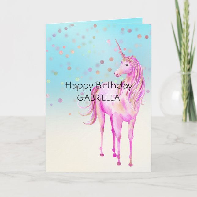 Tarjeta Nombre personalizado de confetti de unicornio de o (Anverso)