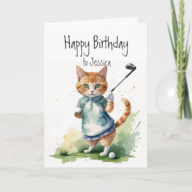 Tarjeta Nombre personalizado de cumpleaños Cat Golfing (Anverso)