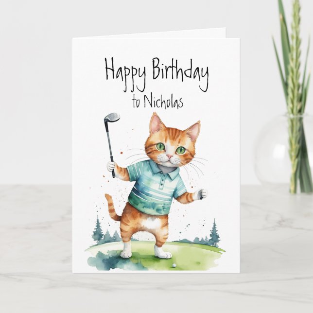 Tarjeta Nombre personalizado de cumpleaños Cat Golfing (Anverso)