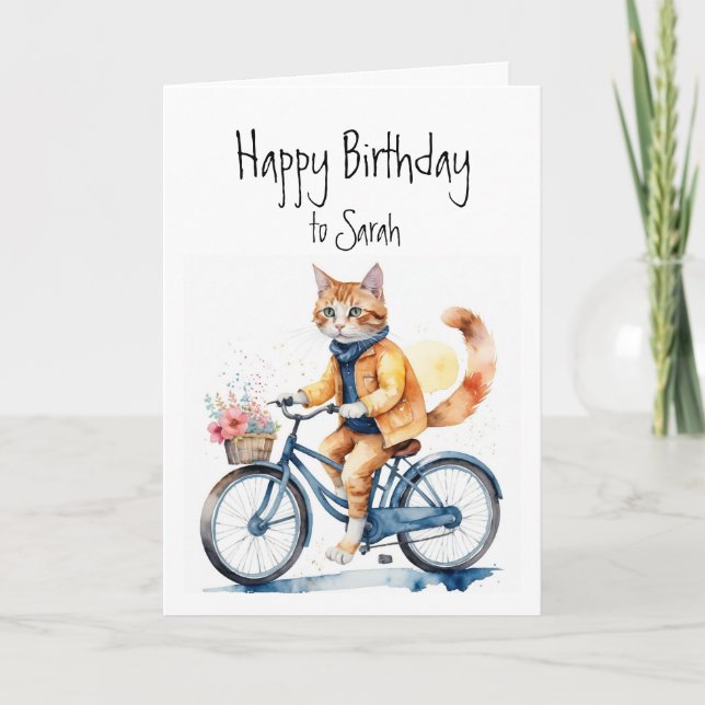 Tarjeta Nombre personalizado de cumpleaños gato montando u (Anverso)