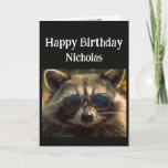 Tarjeta Nombre personalizado de cumpleaños Guay Brother Ra<br><div class="desc">Feliz cumpleaños nombre personalizado hermano fresco raccoon animal en gafas</div>