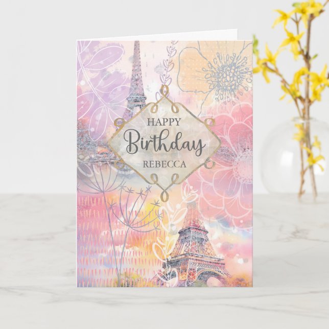 Tarjeta Nombre personalizado de cumpleaños Torre Eiffel (flor amarilla)