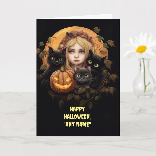 Tarjeta Nombre personalizado de Halloween Gatos negros y C (Planta pequeña)