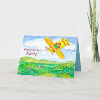 Tarjeta Nombre personalizado del avión de cumpleaños feliz