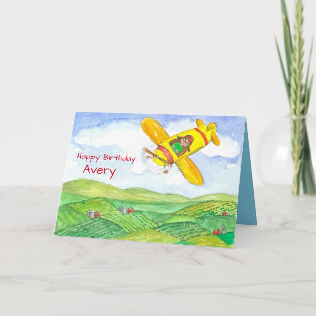 Tarjeta Nombre personalizado del avión de cumpleaños feliz (Anverso)