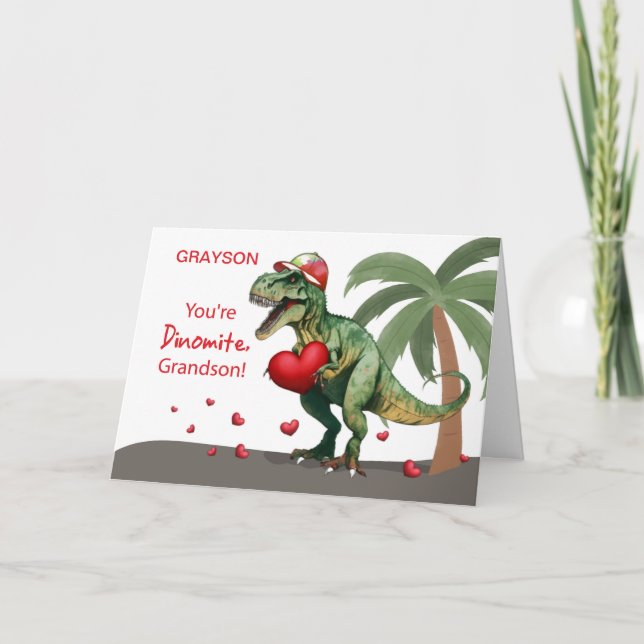 Tarjeta Nombre personalizado del nieto Valentine Dinosaur (Anverso)