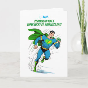 Tarjeta Nombre personalizado Día de San Patricio Superhéro