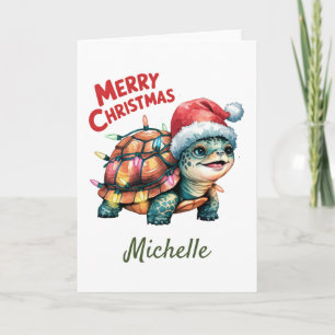 Tarjeta Nombre personalizado: Feliz tortuga navideña en Sa
