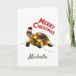 Tarjeta Nombre personalizado: Feliz tortuga navideña en Sa