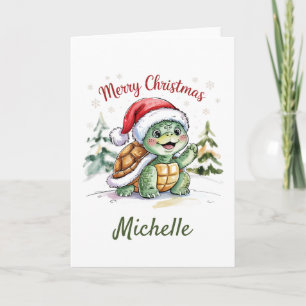 Tarjeta Nombre personalizado: Feliz tortuga navideña en Sa