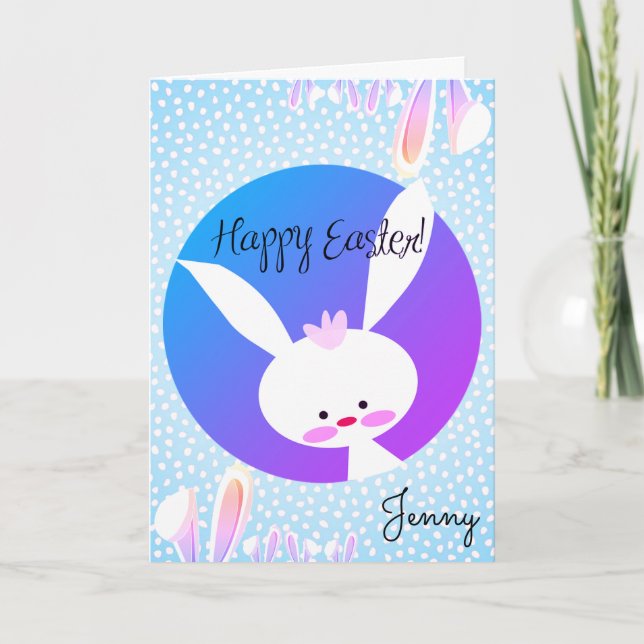 Tarjeta Nombre personalizado HAPPY EASTER Cute Bunny Blue  (Anverso)