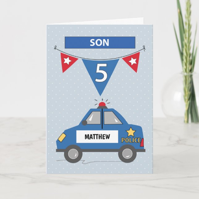 Tarjeta Nombre Personalizado Hijo 5º Cumpleaños Auto Polic (Anverso)