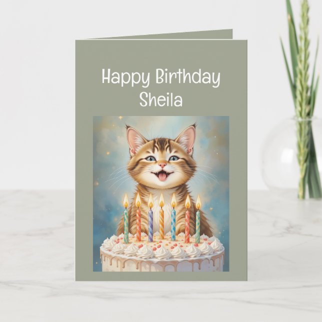 Tarjeta Nombre personalizado Mujeres Cumpleaños Funny Cat (Anverso)
